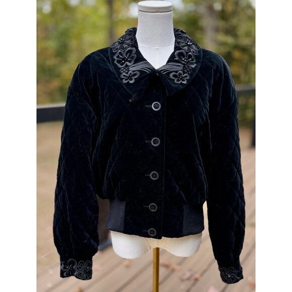 Escada by Margaretha Ley Black Embellished Quilted Velvet Bomber Jacket Sz 10 - Picture 1 of 13